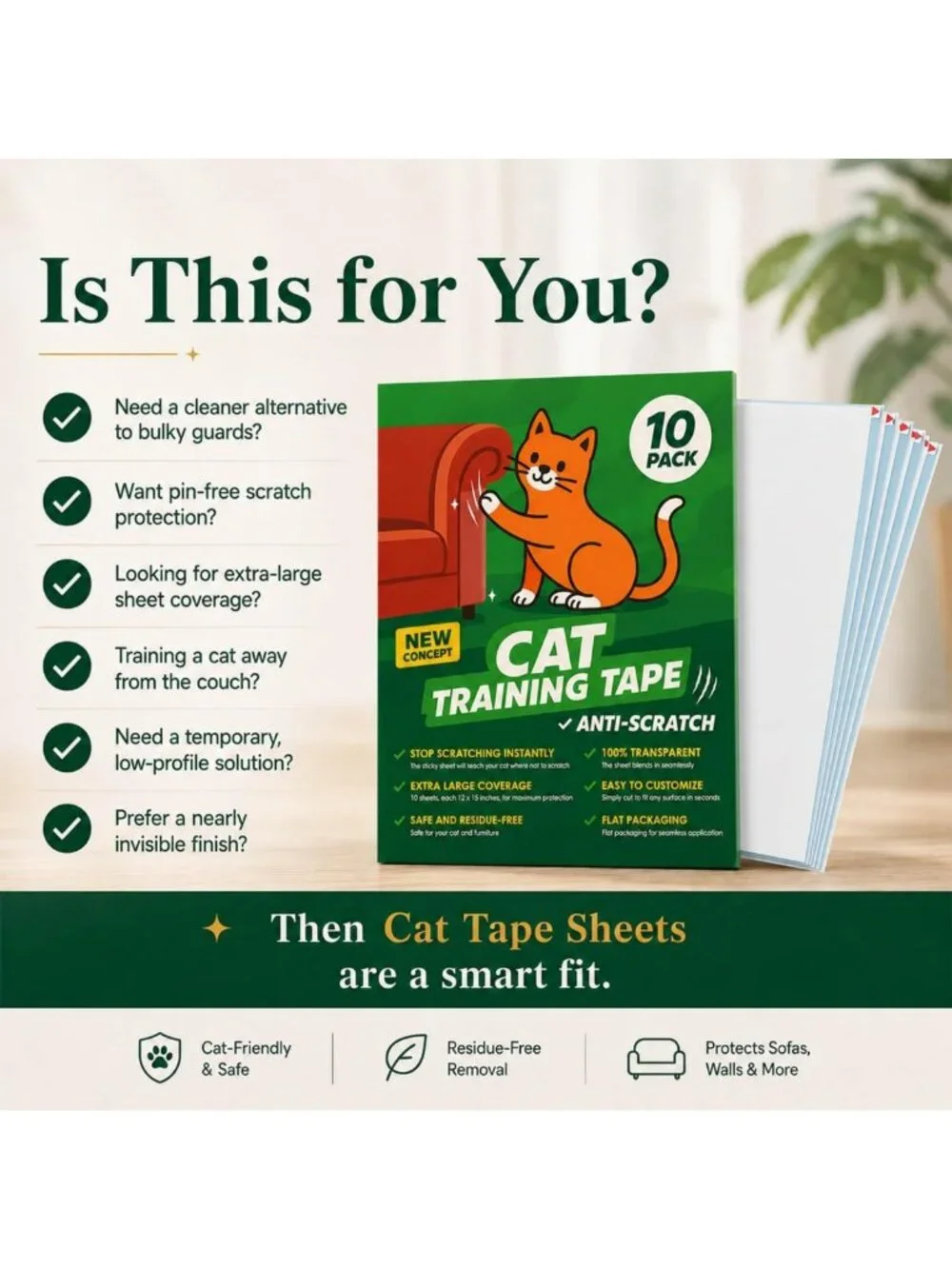 Double-Sided Cat Scratch Deterrent Tape – 10 Anti-Scratch Sticky Strips for